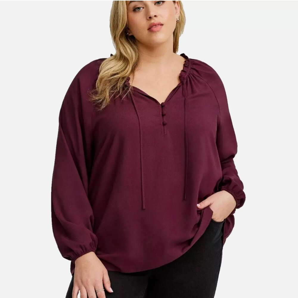 Torrid Challis Front Tie Blouse in Burgundy Wine - Size 0X, NWT